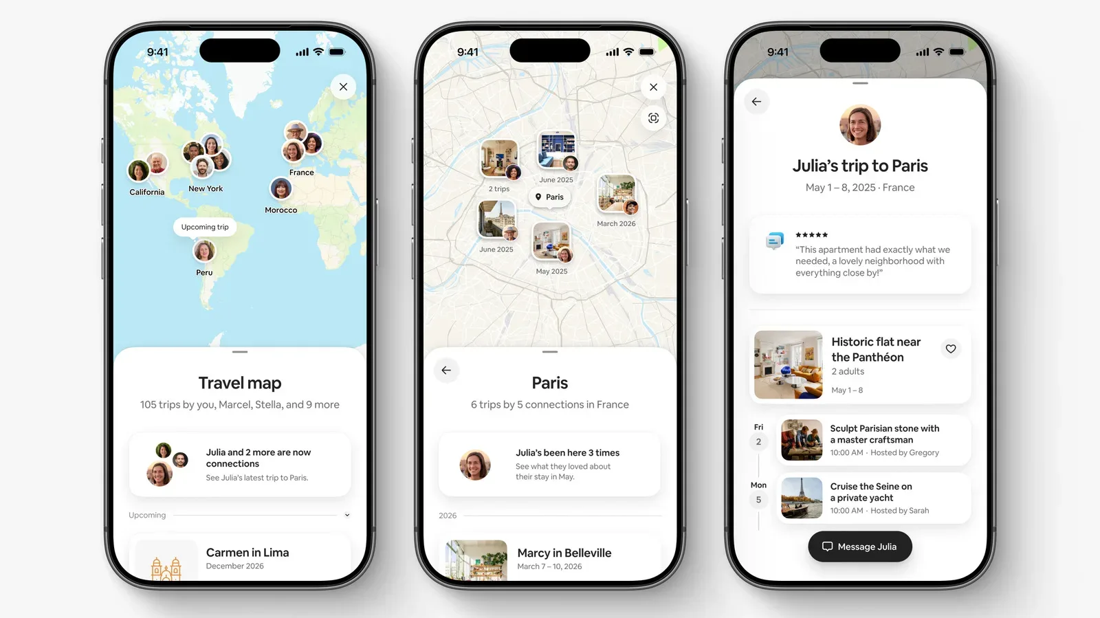 Airbnb travel map showing friends’ stays and saved rentals