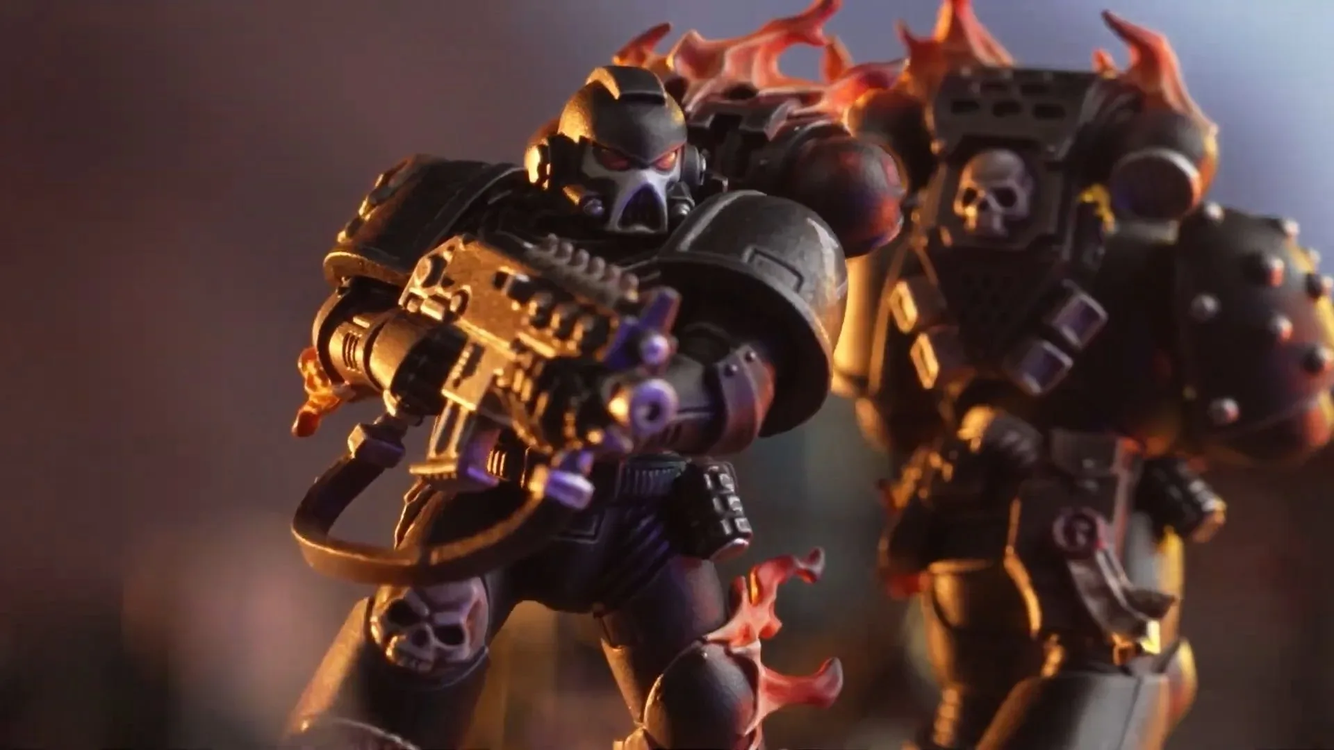 Legion of the Damned Space Marine miniatures with flaming and bone-themed details