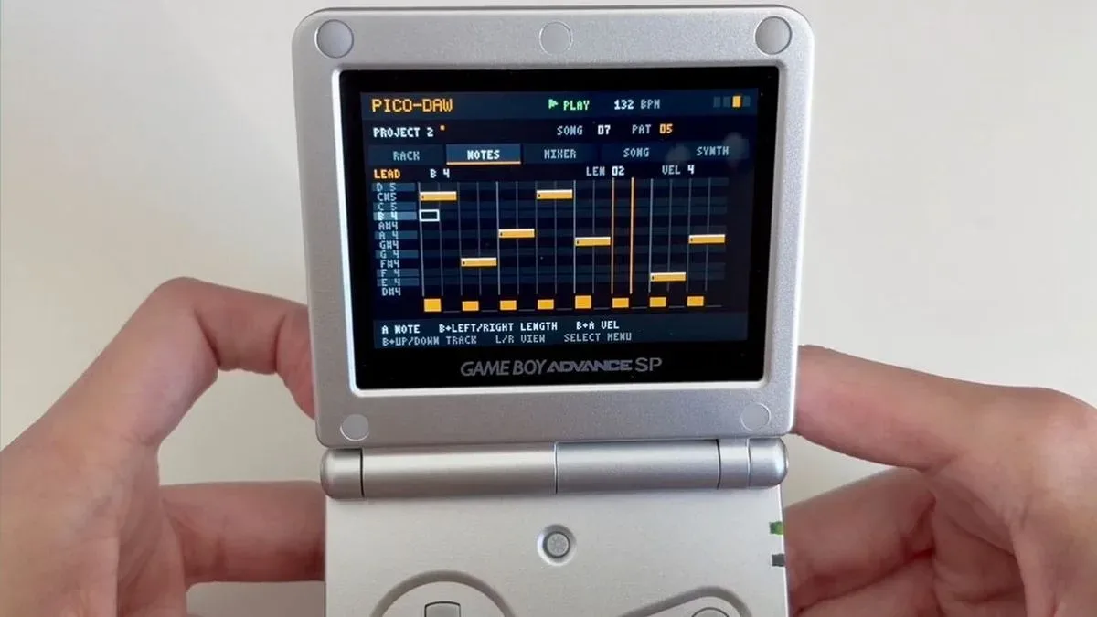 Nano-daw’s six-track music sequencing interface running on Game Boy Advance