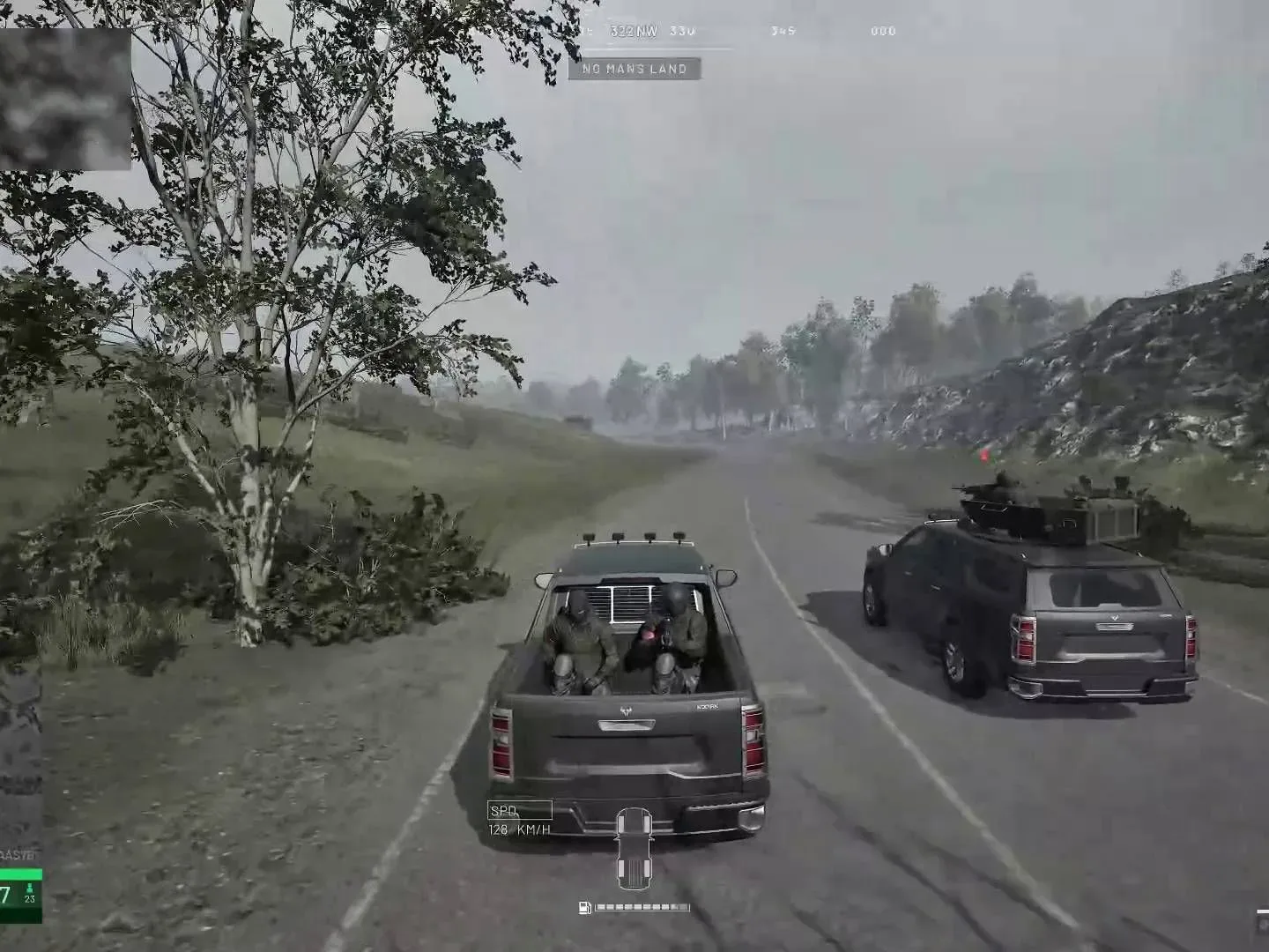 Wardogs player driving Kodiak truck full of passengers with other Kodiak truck with mounted machine gun driving parallel
