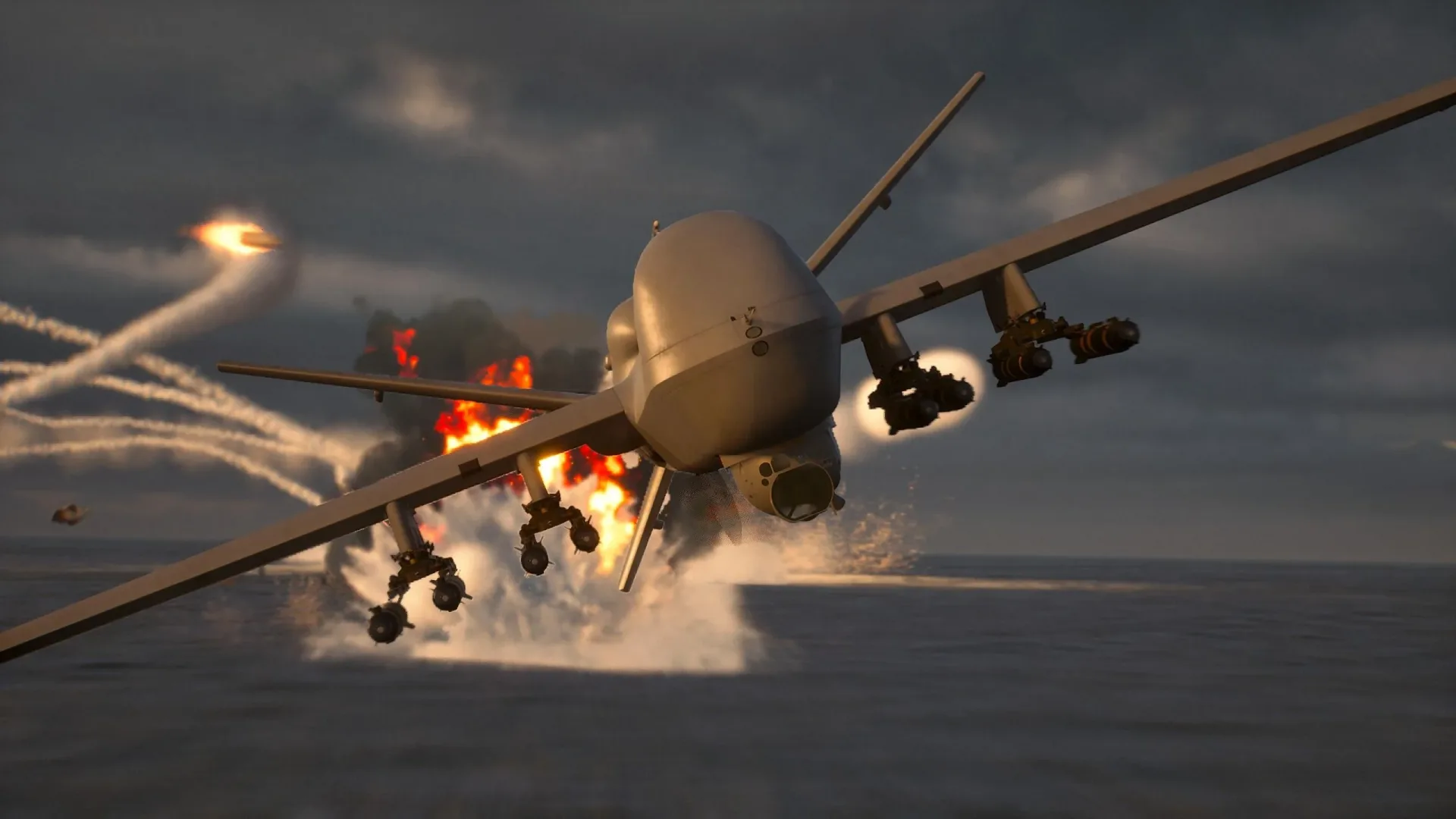 Ace Combat 8: Wings of Theve fighter aircraft flying above clouds
