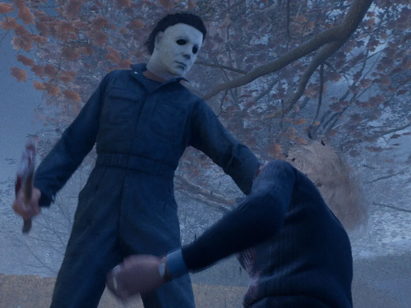 Michael holds a hatchet over Laurie as she kneels on the ground in front of him in Halloween the Game.