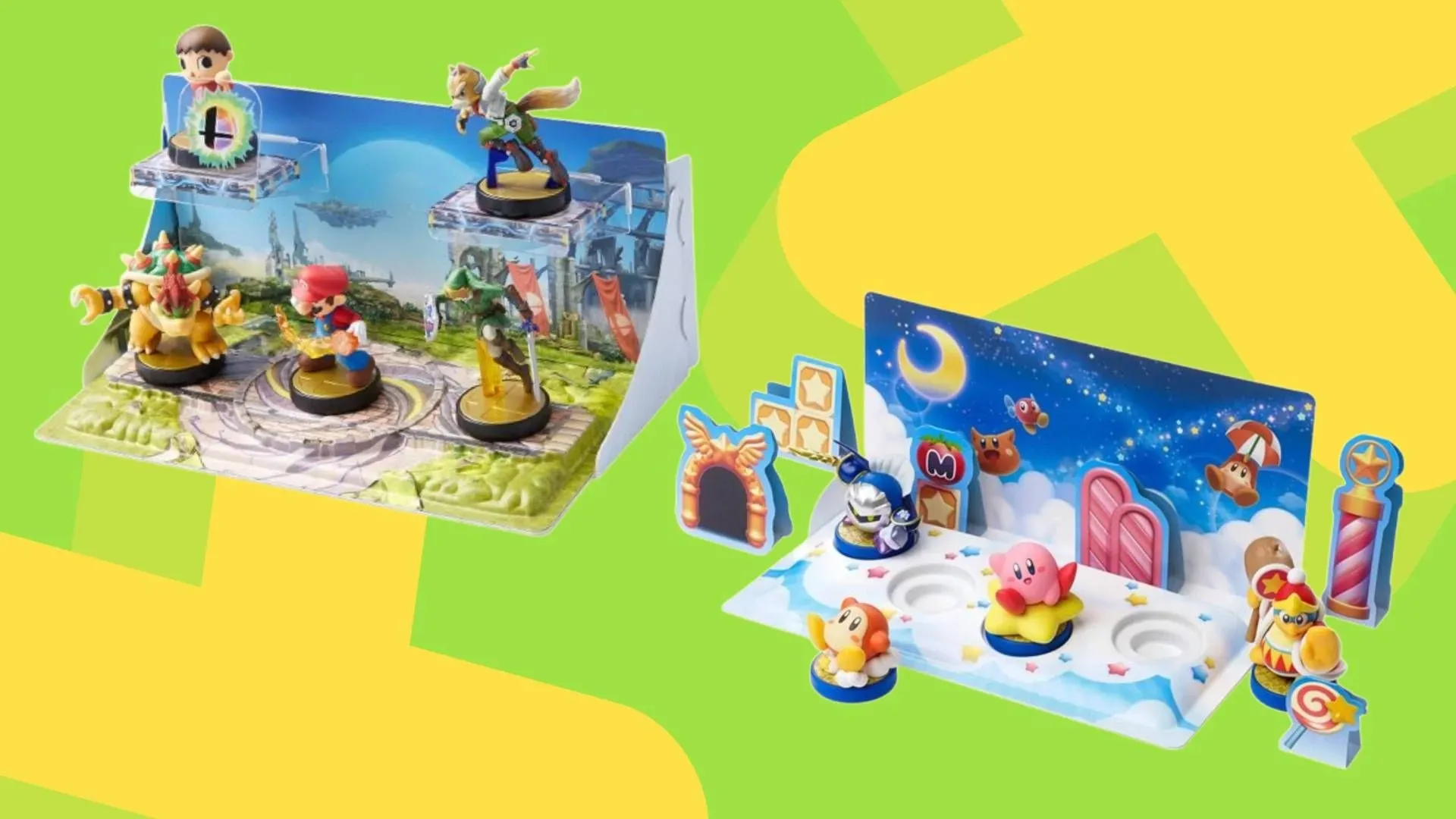 Super Smash Bros. and Kirby amiibo dioramas displayed as Nintendo figure accessories