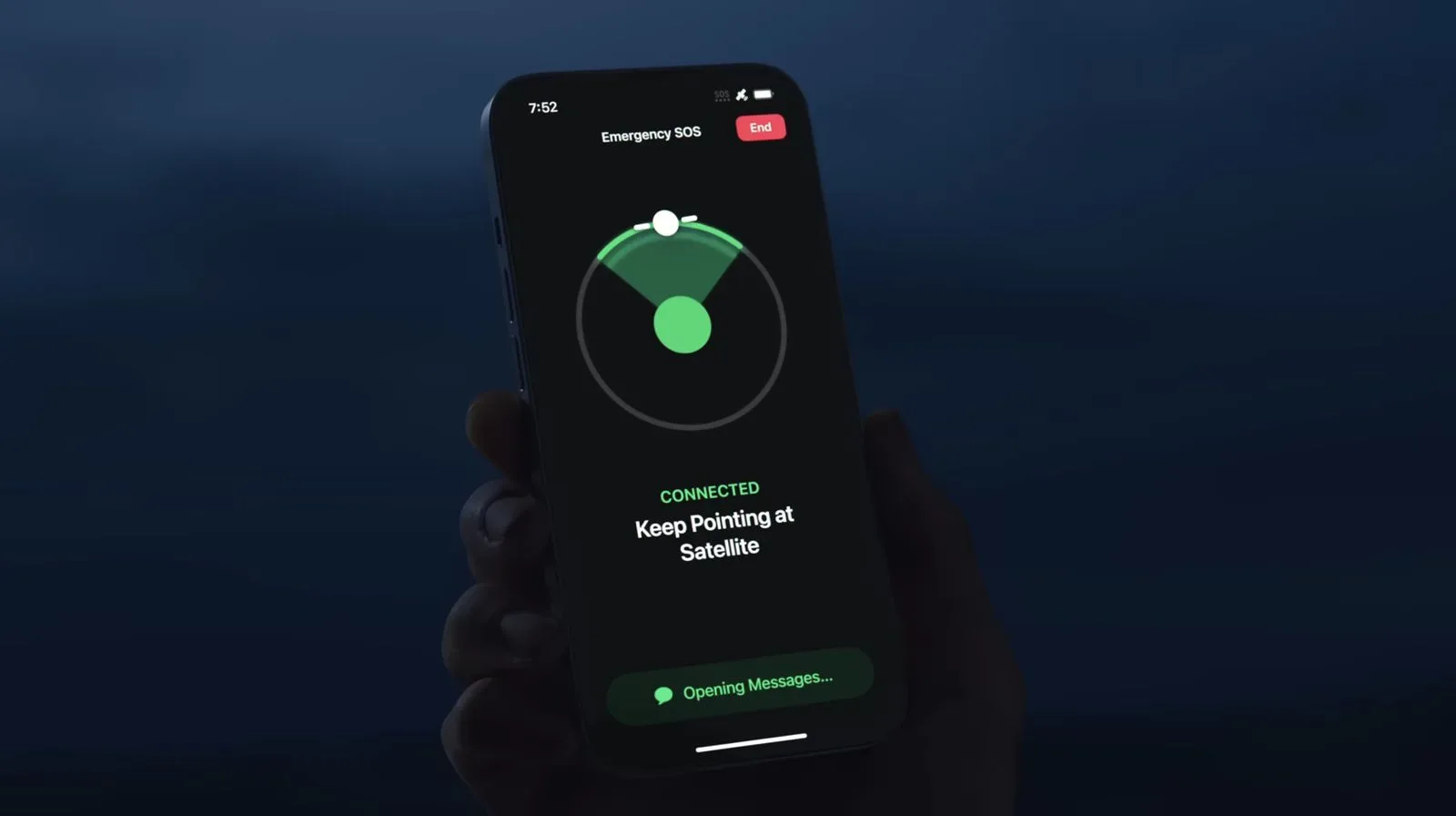 An iPhone displaying a satellite connection interface outdoors