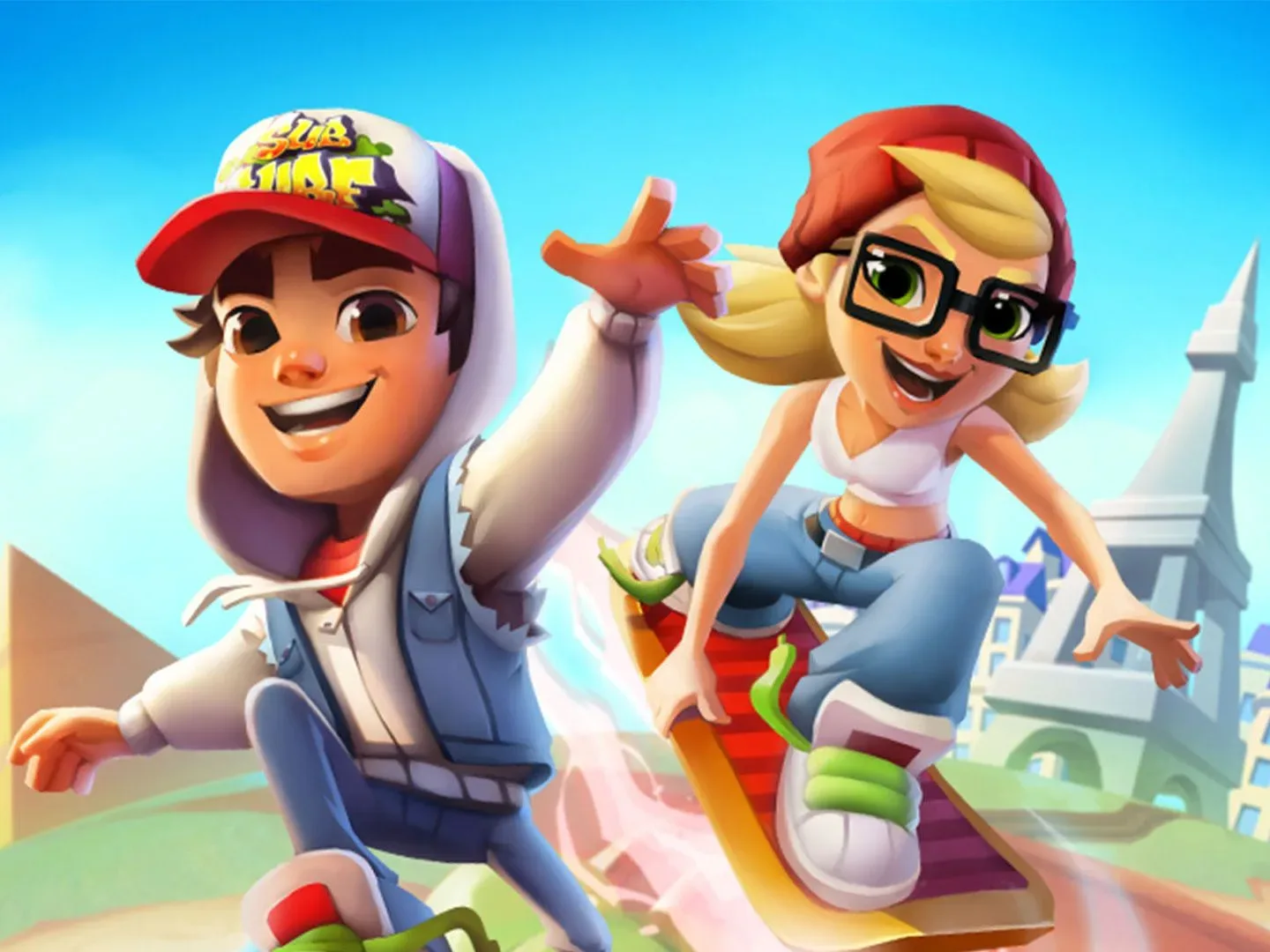 Press image for Subway Surfers codes showing two character riding hoverboards