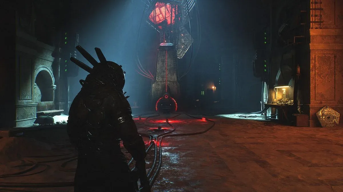 The Traveler approaches a mysterious obelisk that glows red in Cronos: Lazarus