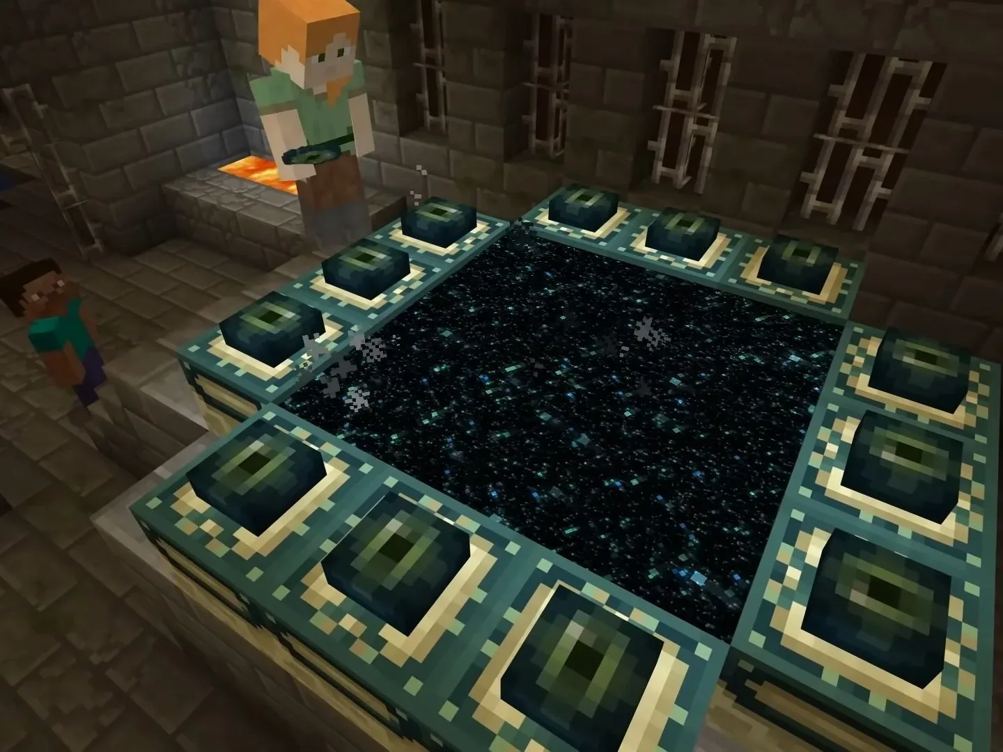 Minecraft screenshot showing a character activating an End portal