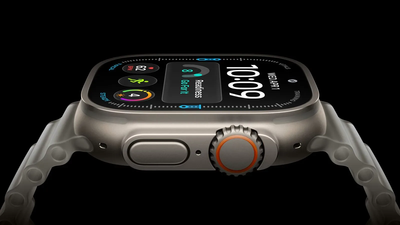 Apple Watch Ultra 4 in Natural finish with a Translucent Gray Ocean Band