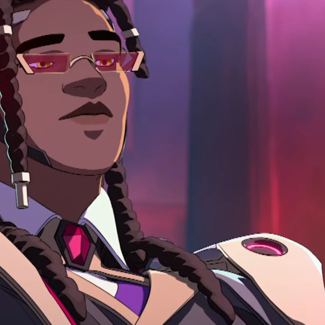 Screenshot from an Overwatch trailer, showing Doctrine, a slick vampire with red glasses and an armored suit.