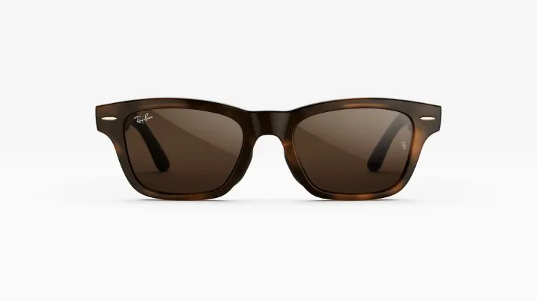 Close-up of camera-free Ray-Ban Meta Audio smart glasses and charging case