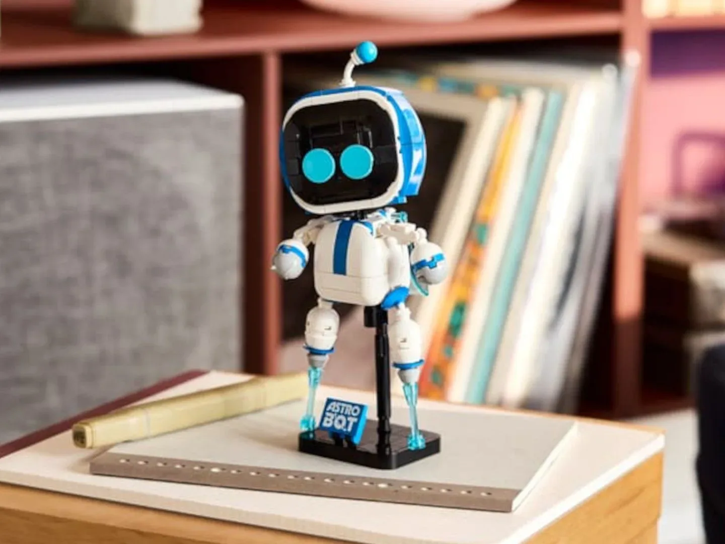 Close-up of LEGO Astro Bot figure designed for PlayStation game memorabilia collectors