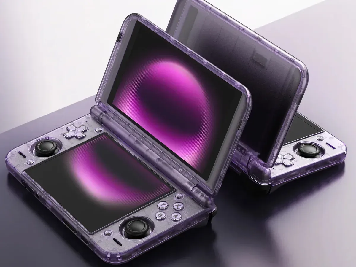 Retroid Pocket Duo Lite in a transparent purple retro-inspired color