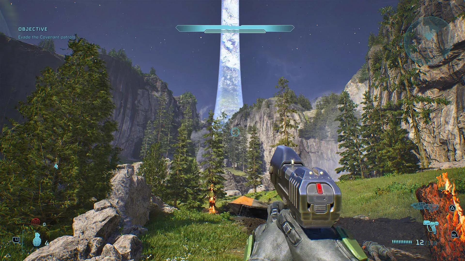 A Warthog races through a Halo campaign battlefield as explosions erupt nearby