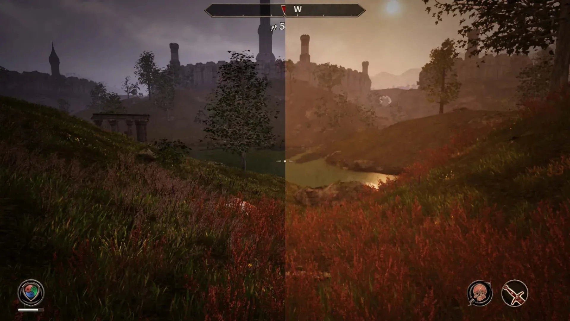Comparison view of Oblivion Remastered on Switch 2 highlighting player-reported blur in grass and environmental detail after update 1.1