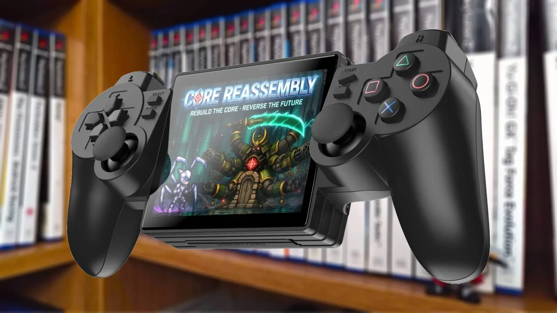 Yoniq Portal handheld render with a central screen in a PS2 DualShock 2-inspired controller body