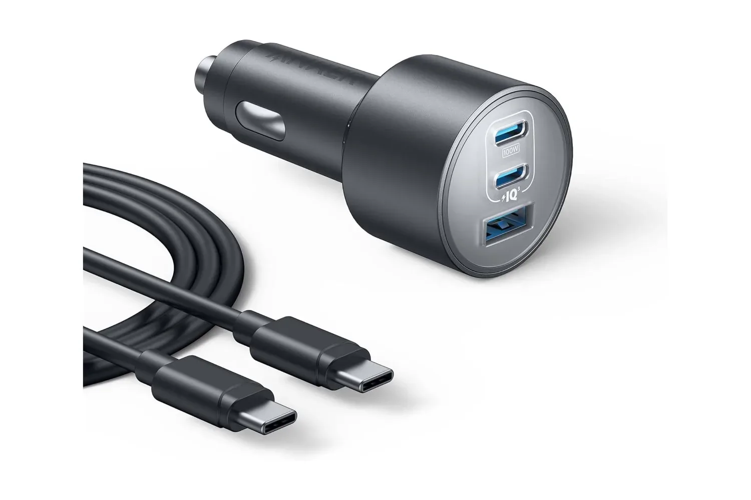 Anker 167.5W three-port USB-C and USB-A car charger in a vehicle power socket