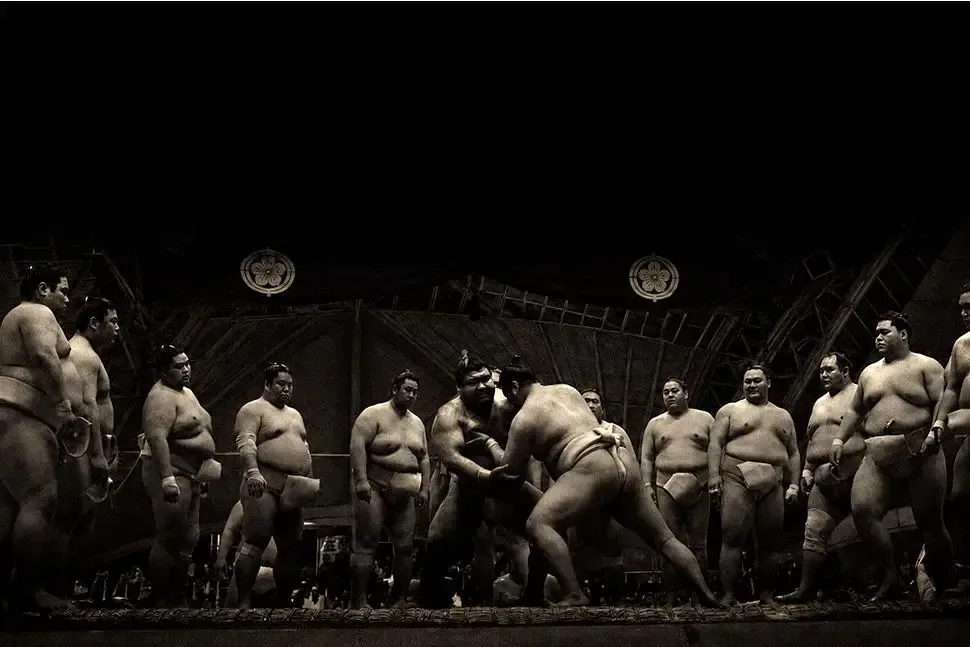 Terunofuji during a sumo training session in Sumo: Spirit Weighs Nothing