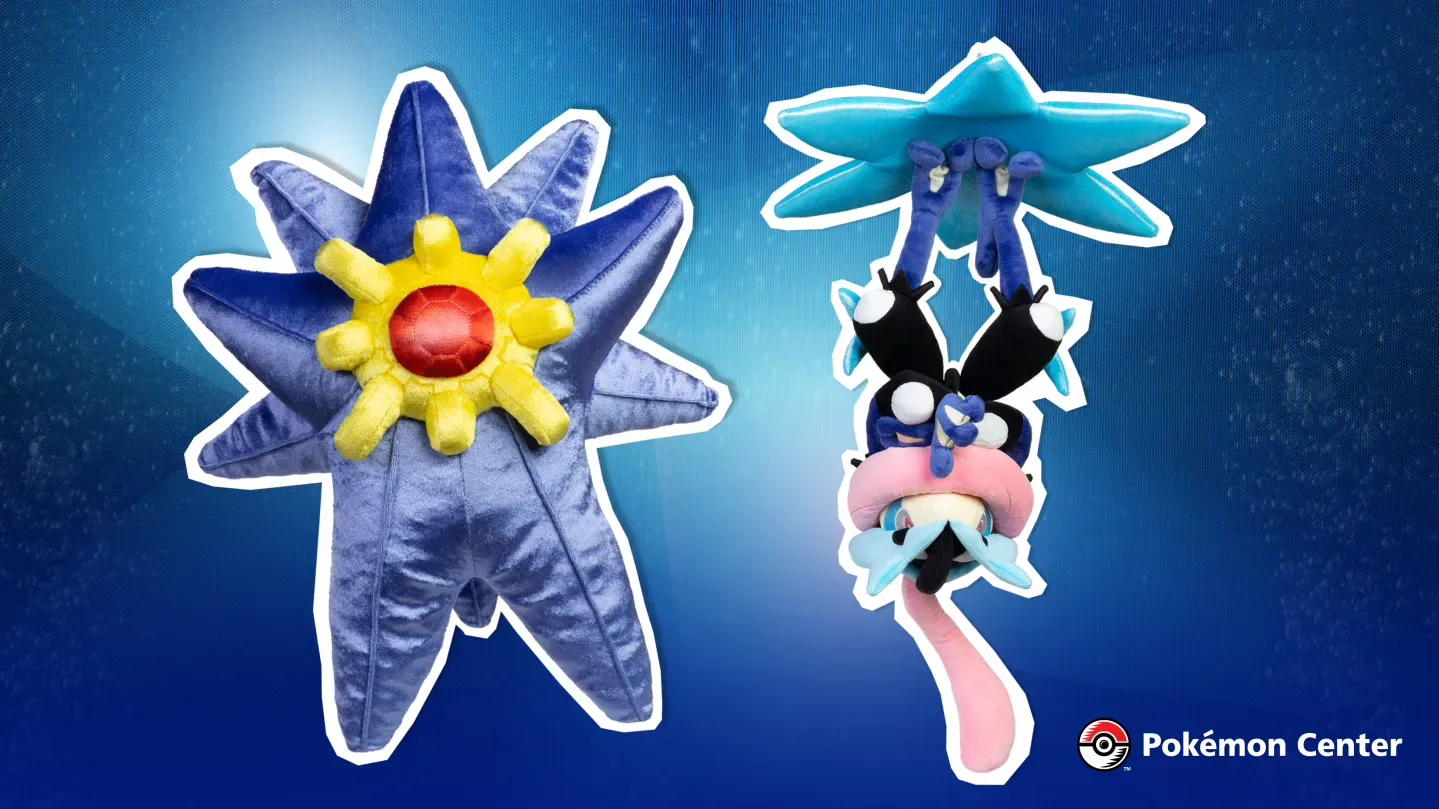 Mega Evolution Pokémon plush collection featuring Mega Starmie, Mega Greninja, Mega Lucario Z and Mega Zeraora