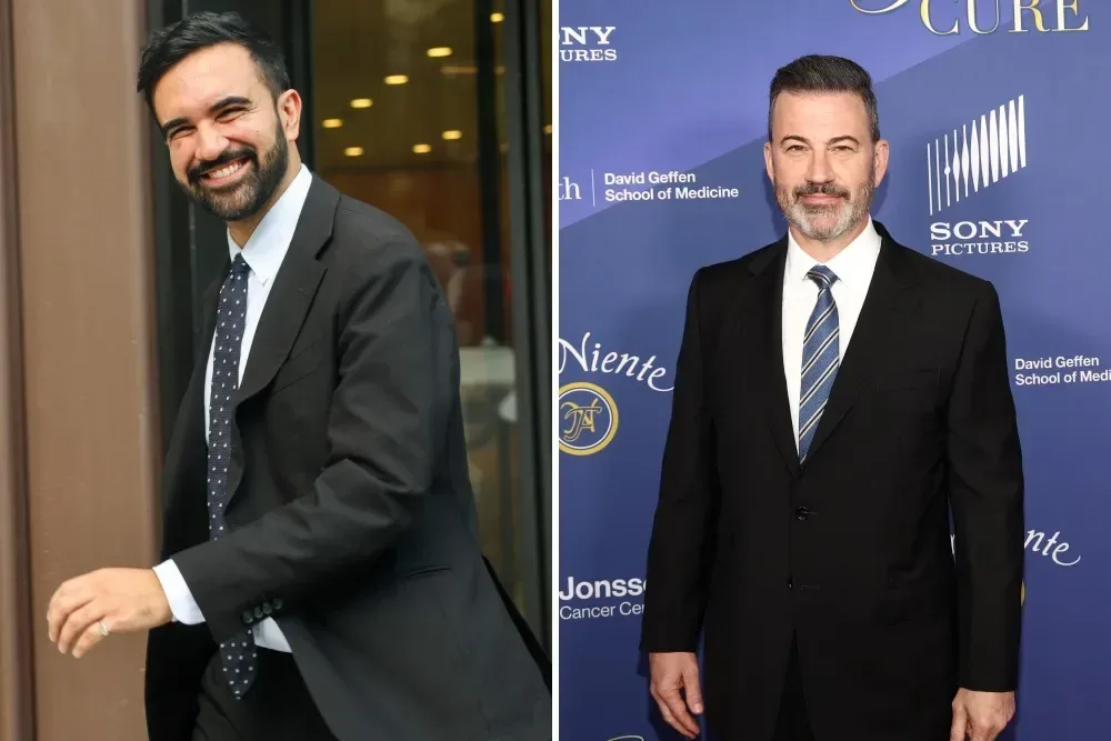 Jimmy Kimmel and Mayor Zohran Mamdani during a Brooklyn late-night interview