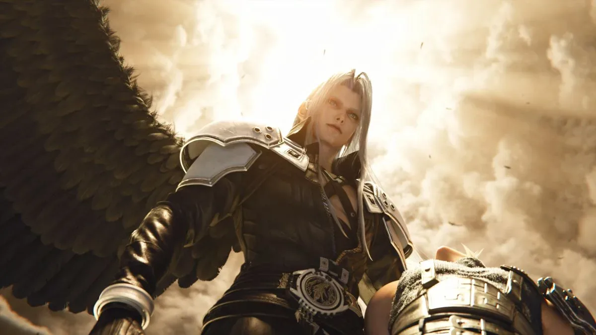 Sephiroth looms below a cloudy sky holding what appears to be an unconscious Cloud in Final Fantasy 7 Revelation