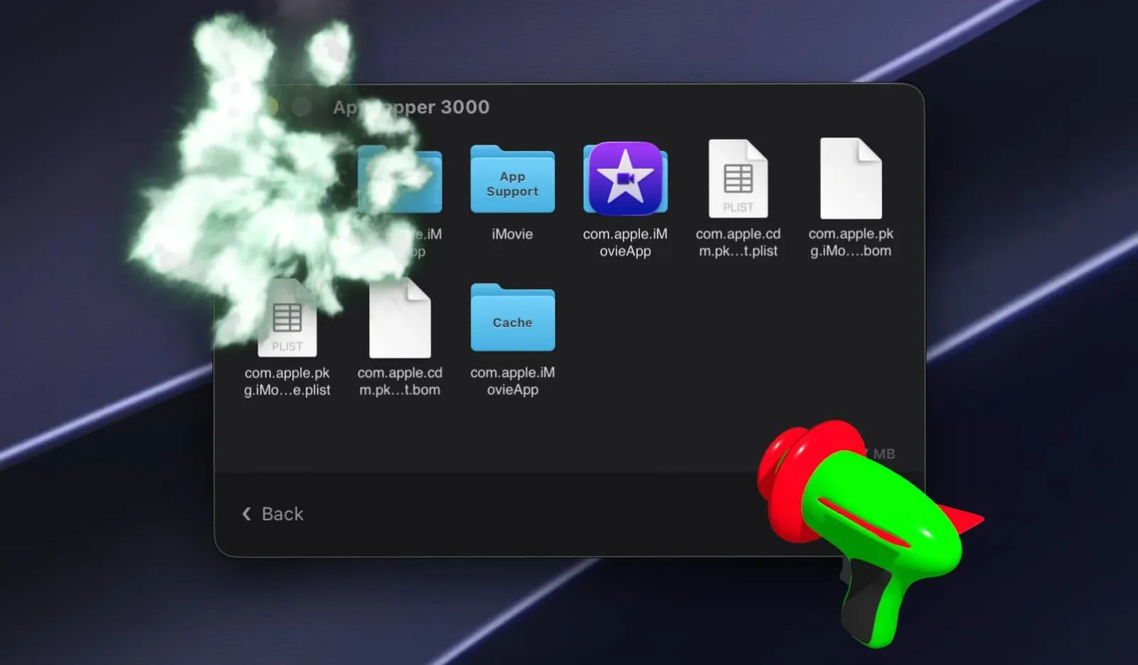AppZapper 3000 interface displaying an app and related files ready for removal