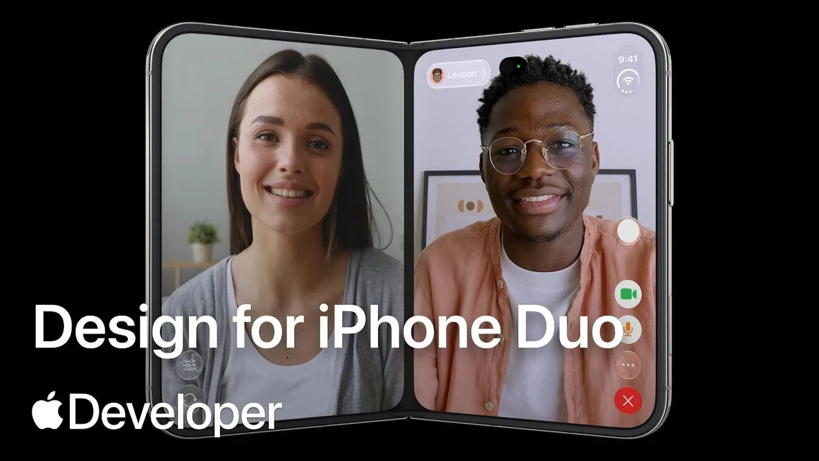 Apple iPhone Duo shown open with an adaptive app interface