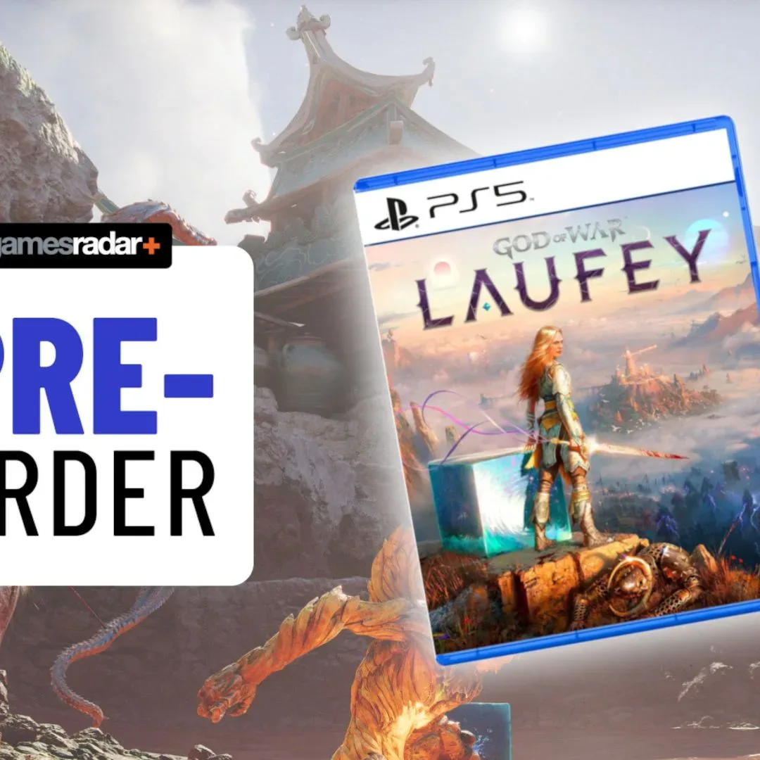 God of War Laufey PS5 box on a screenshot from the game with pre-order badge