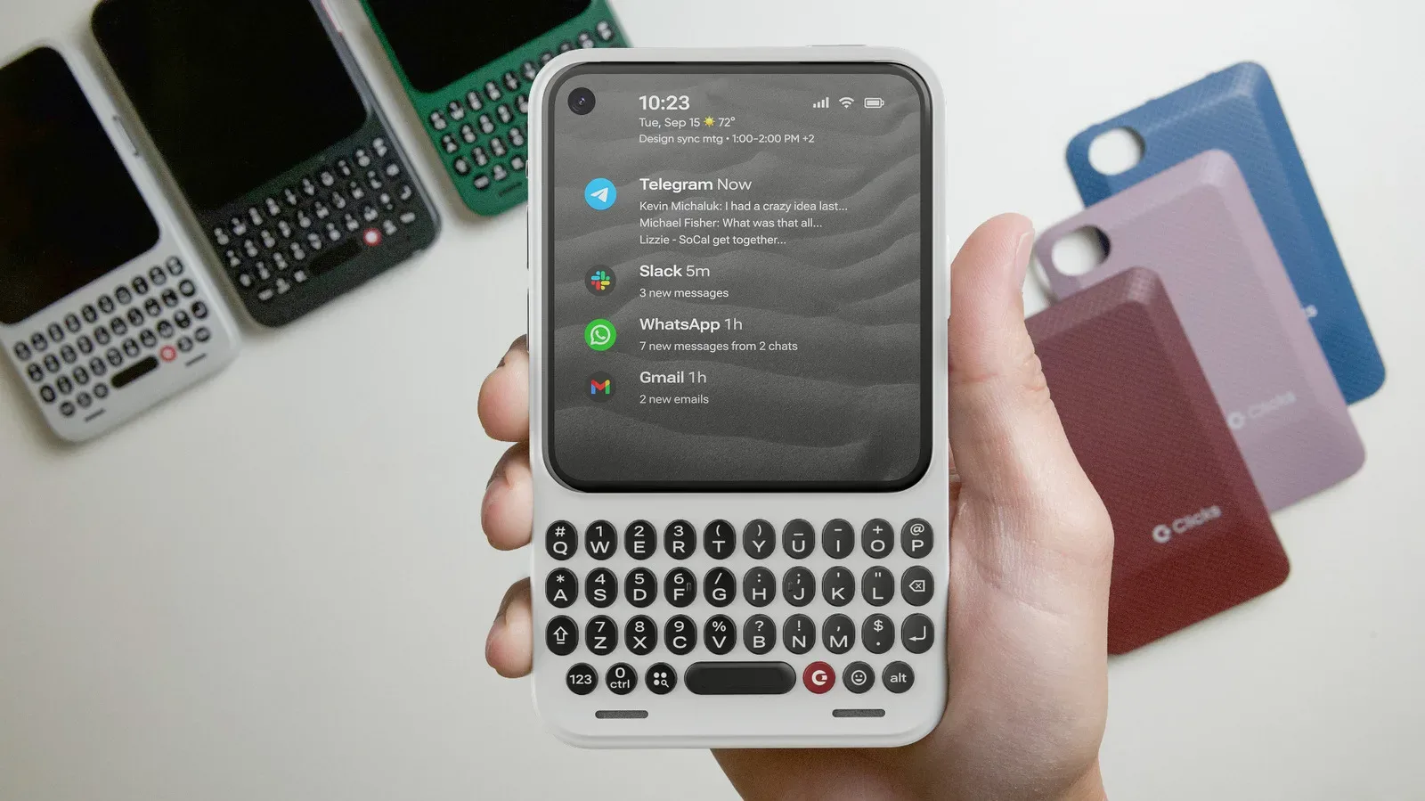 Clicks Communicator Android phone with physical keyboard beneath its display