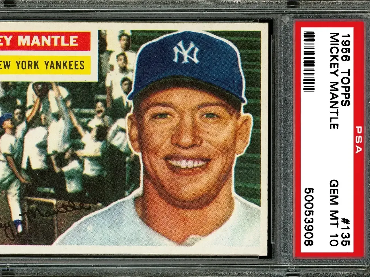 1956 Topps Mickey Mantle card with white border and horizontal design