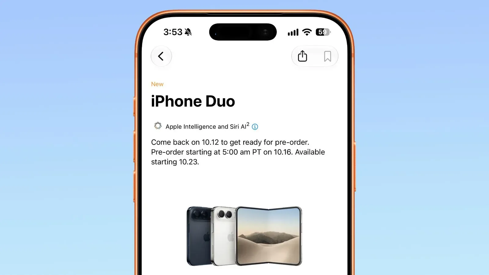 iPhone Duo pre-order preparation screen showing color, capacity and shipping selections