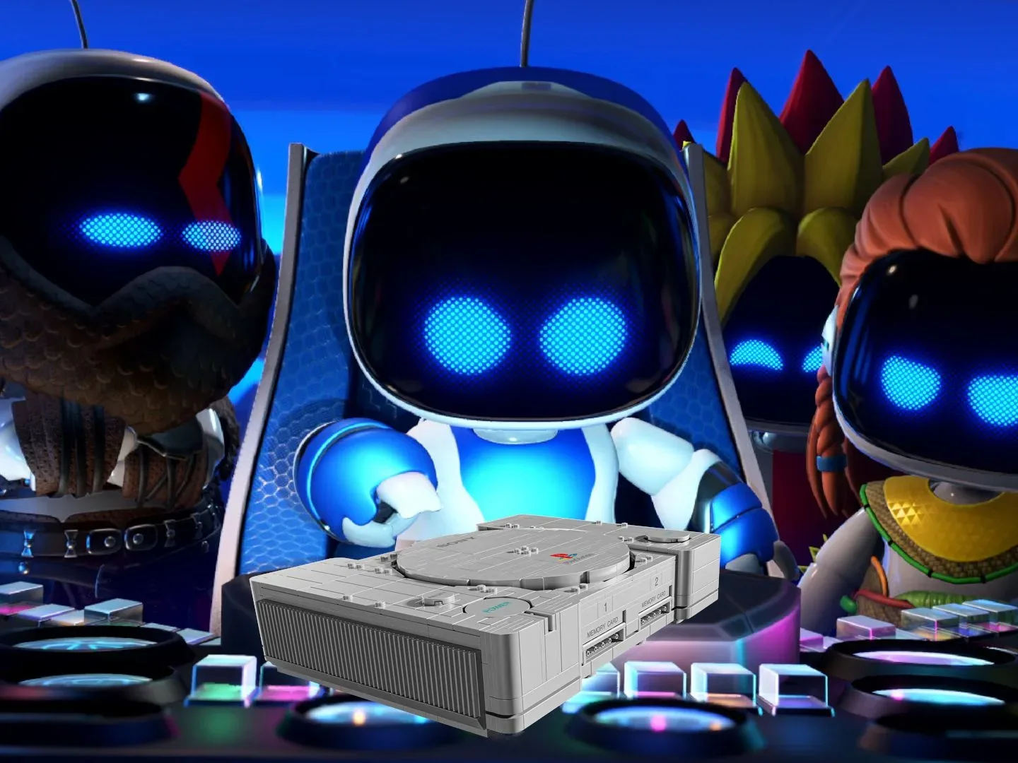 Astro Bot pointing at a Lego PlayStation