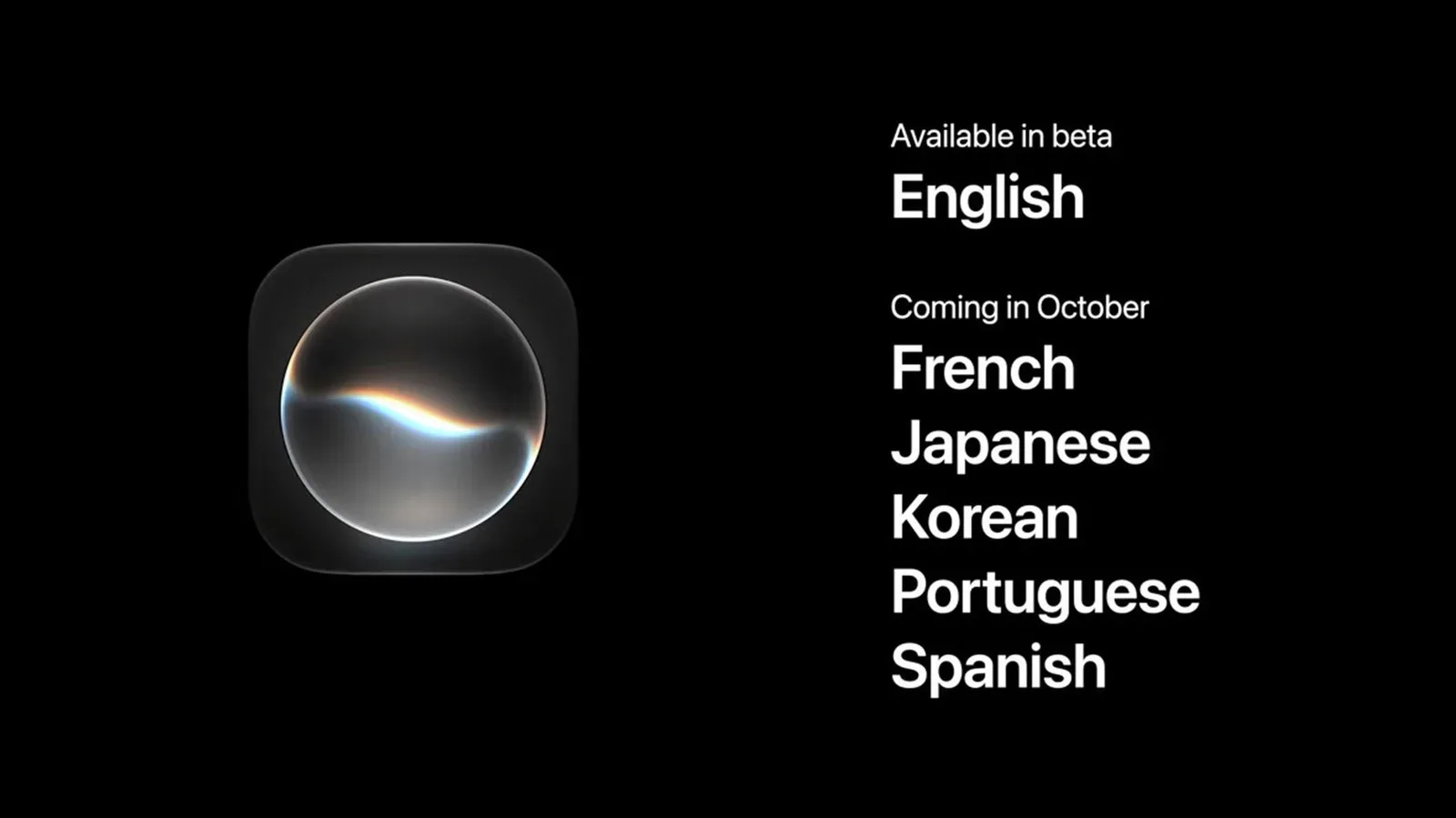 Siri AI language expansion graphic showing French, Japanese, Korean, Portuguese and Spanish