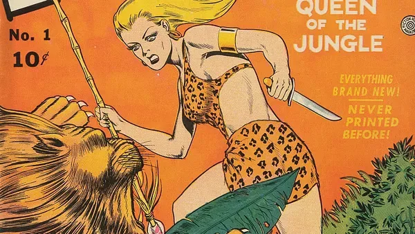 Sheena, Queen of the Jungle #1 (Fiction House, 1942) cover detail by Dan Zolnerowich. Sheena confronts a lion with a spear and knife beside lettering promising all-new material.