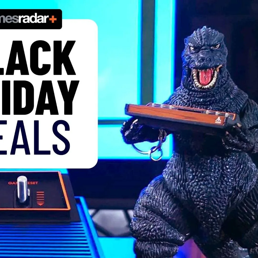 Black Friday deals GamesRadar+ badge on left and Godzilla holding a tiny Atari 2600+ on right.