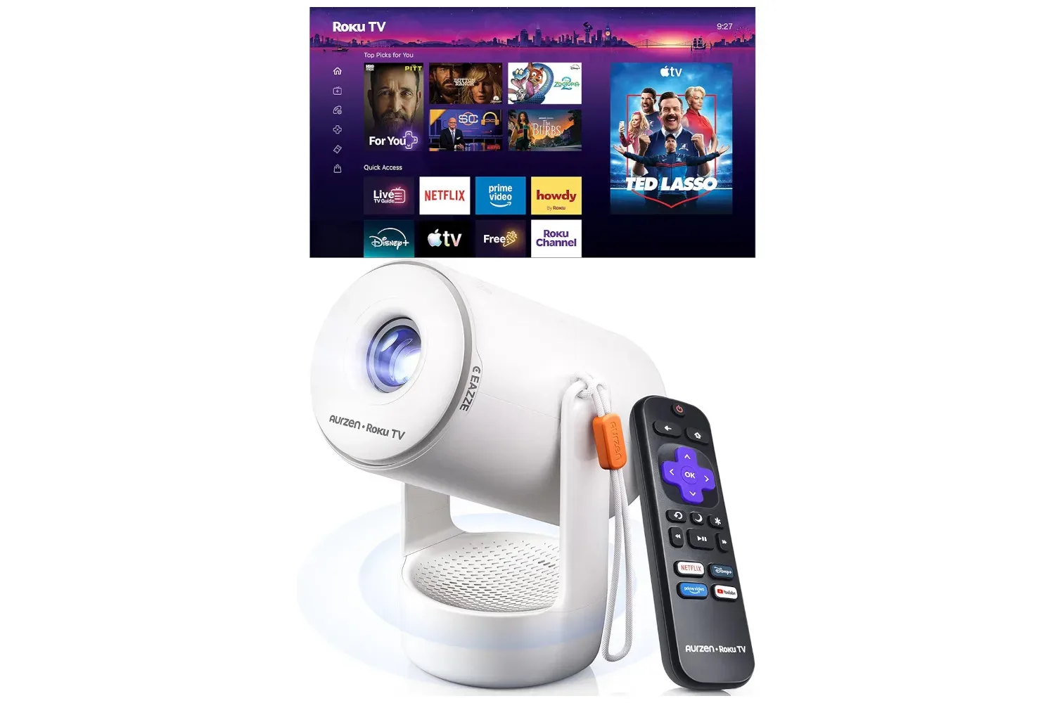 Aurzen Roku TV E1R portable mini projector displaying a large streaming image