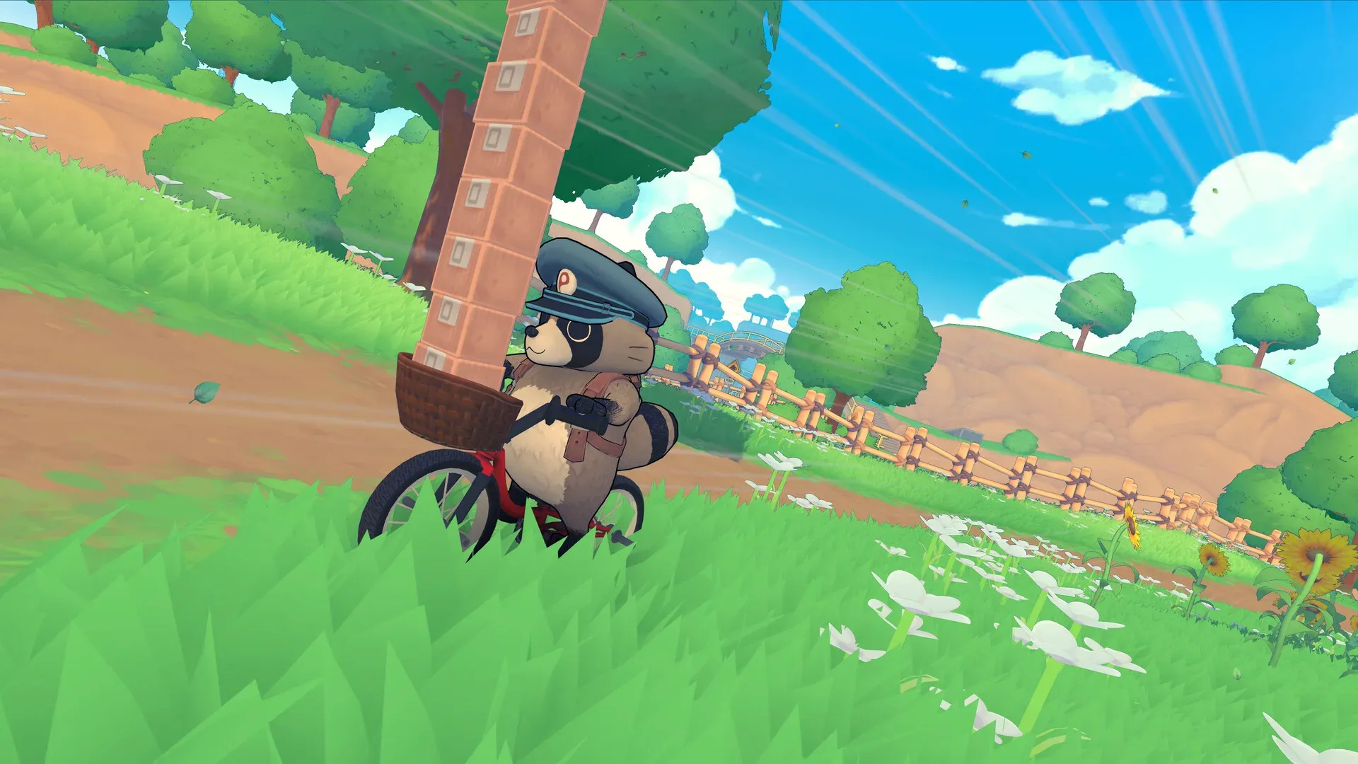 Pon the raccoon rides a BMX bike through a rural town in Tanuki: Pon’s Summer