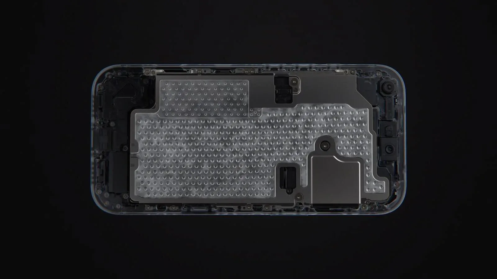Illustration of an iPhone 18 Pro thermal system with a large vapor chamber beneath the A20 Pro chip