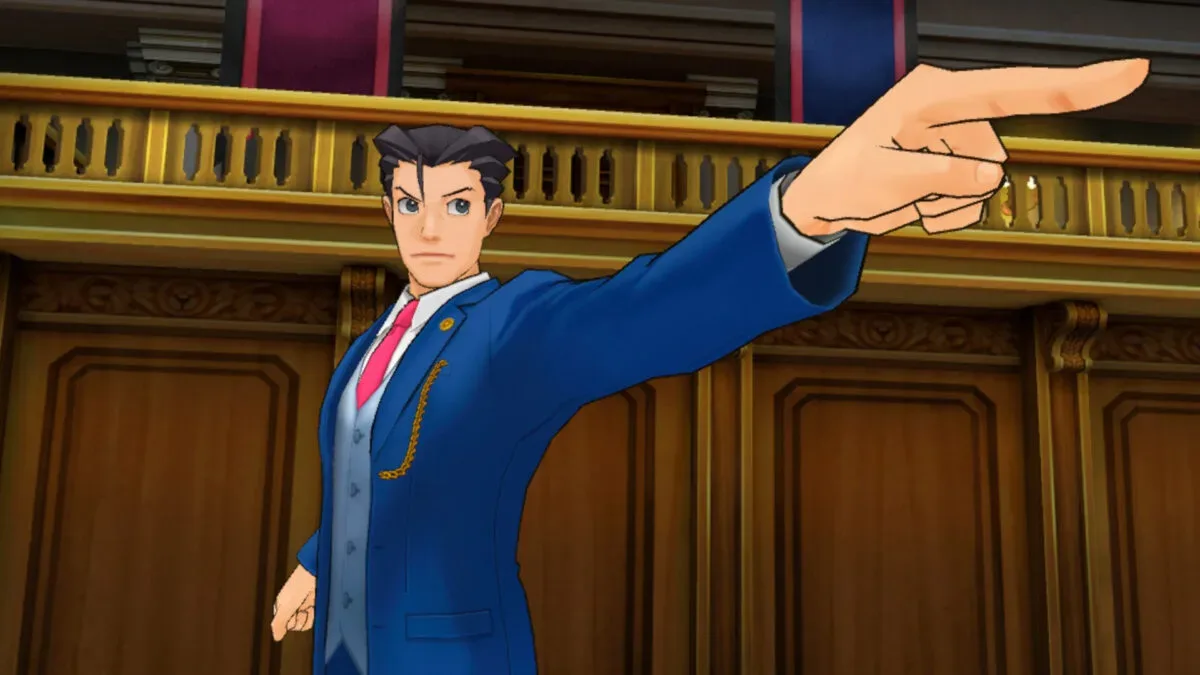 Phoenix Wright’s courtroom viewed from a first-person VR perspective in Ace Attorney: Dual Destinies