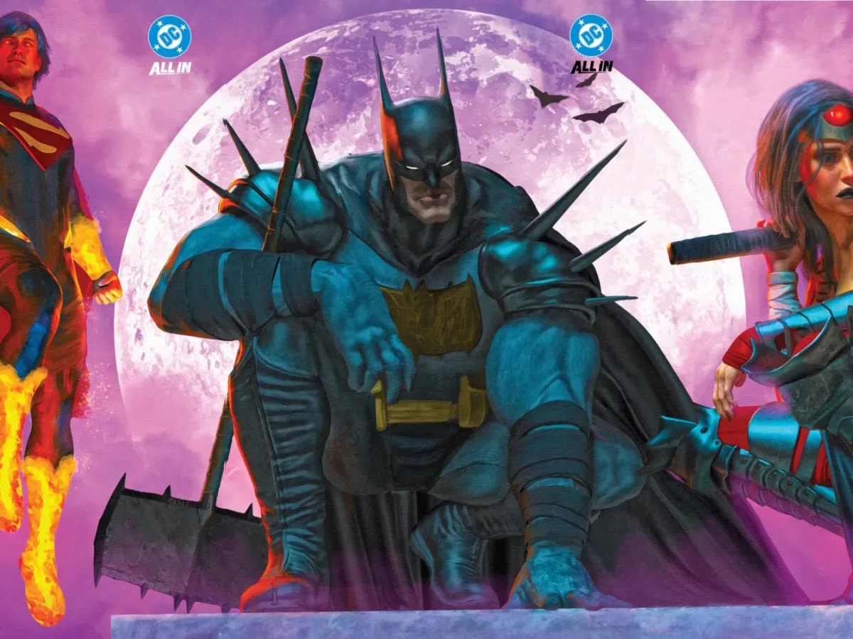 Connected dust jackets for Absolute Batman, Absolute Superman and Absolute Wonder Woman hardcover editions