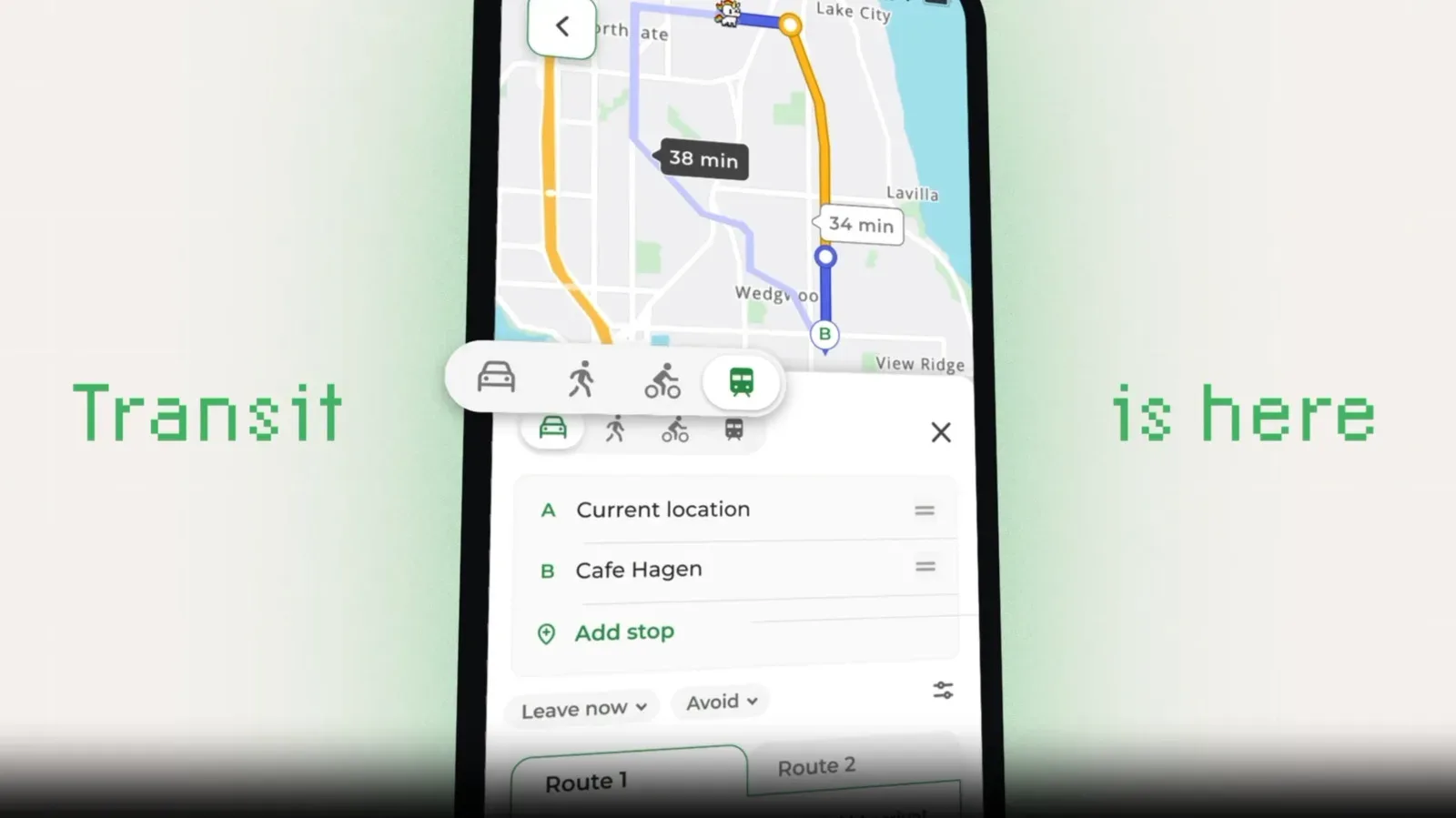 MapQuest mobile app displaying a public transit route with walking and train segments