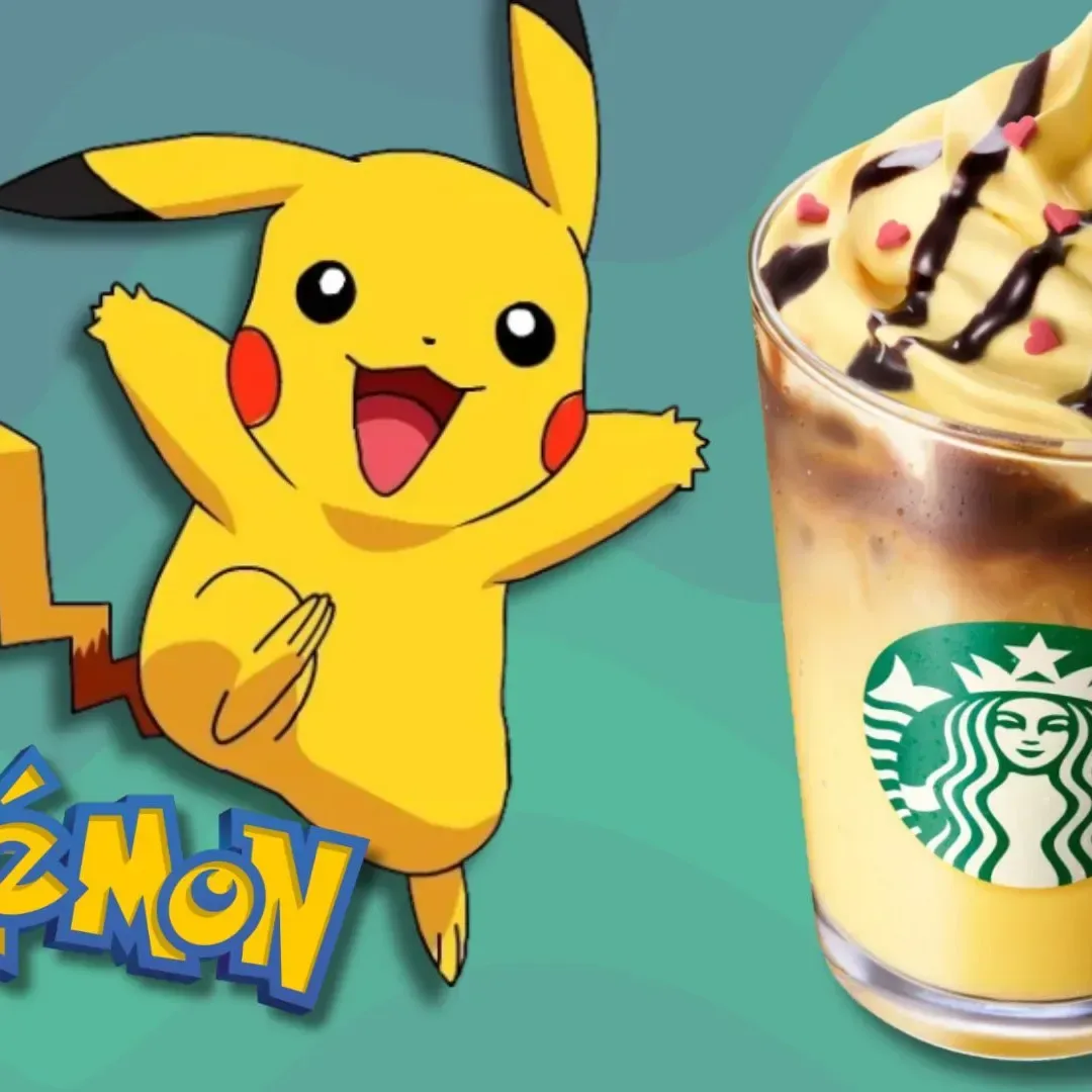 Pikachu Honey Cream Latte with yellow honey caramel drink, whipped cream and red heart sprinkles