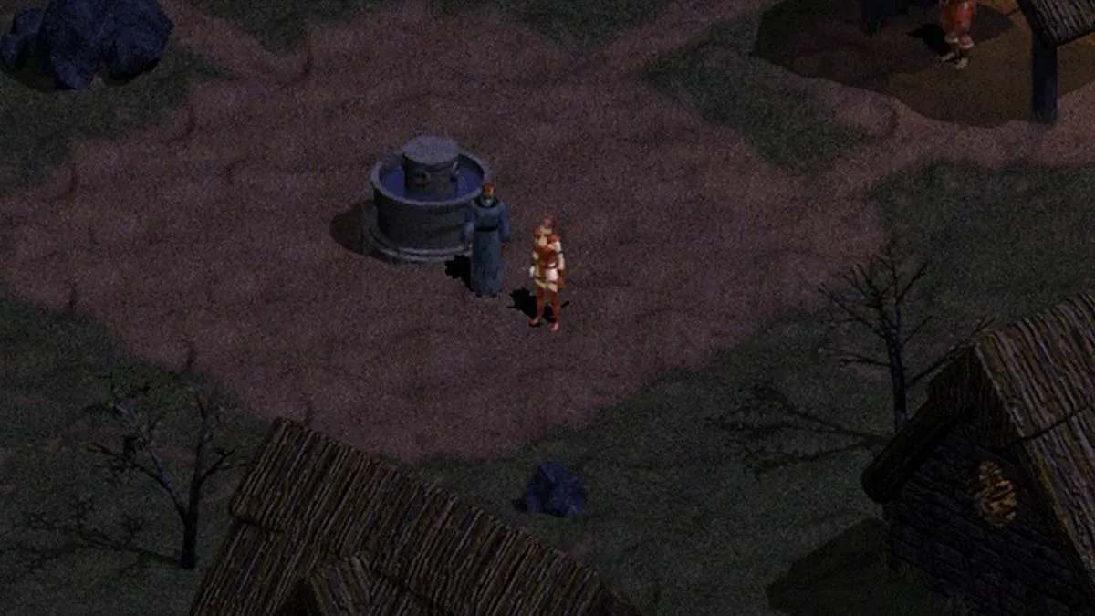 An unarmed Rogue character stands near a robed figure and fountain
