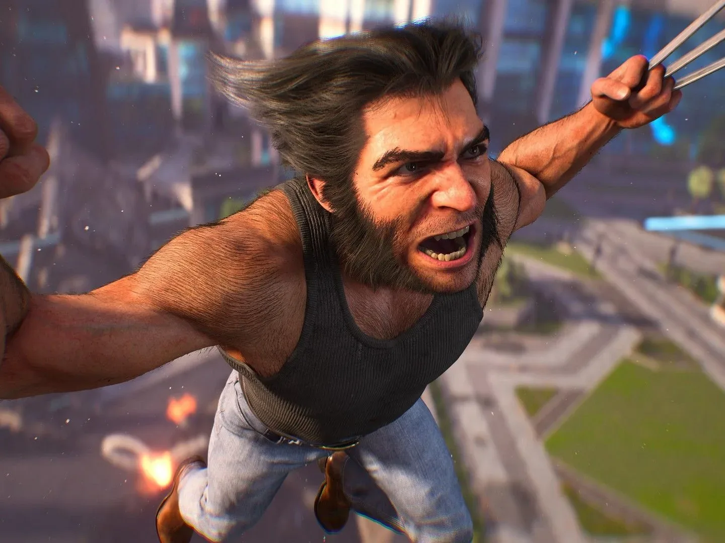 Logan in his black tanktop with pointy hair screams in Marvel's Wolverine as he is hurled into the air with his claws out