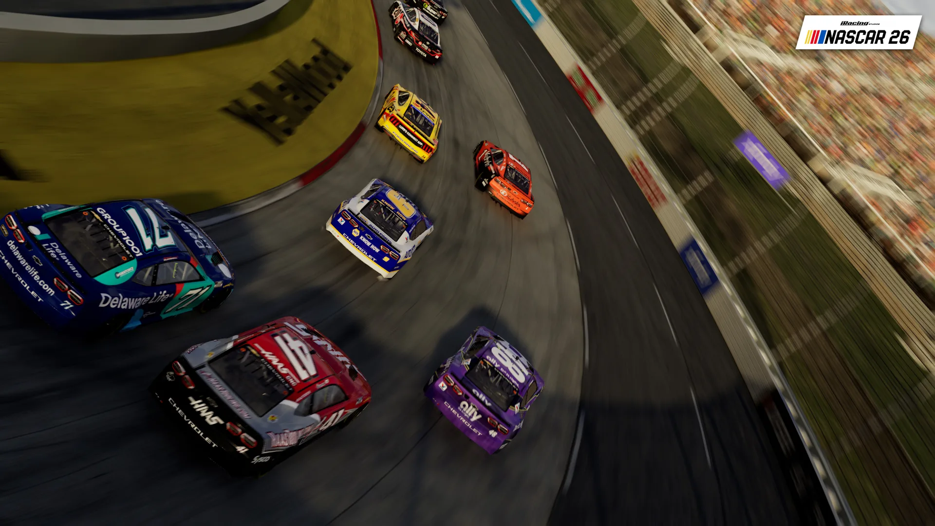 NASCAR 26 in-game screenshot showing an oval pack of stock cars