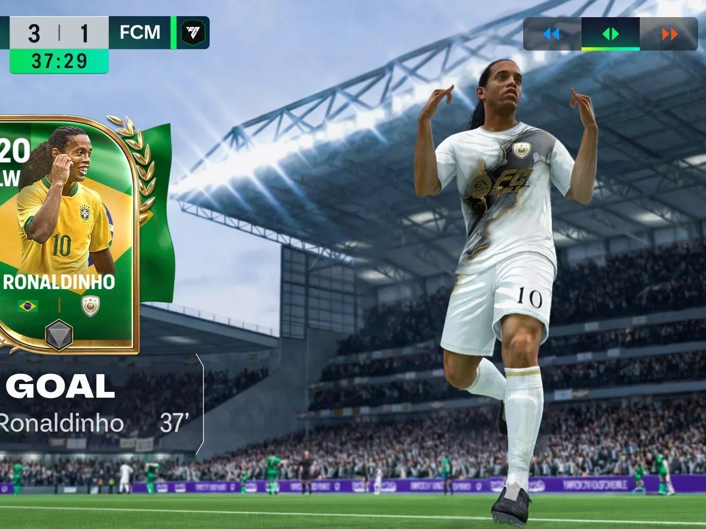 Press shot for FC Mobile codes showing Ronaldinho celebrating scoring a goal
