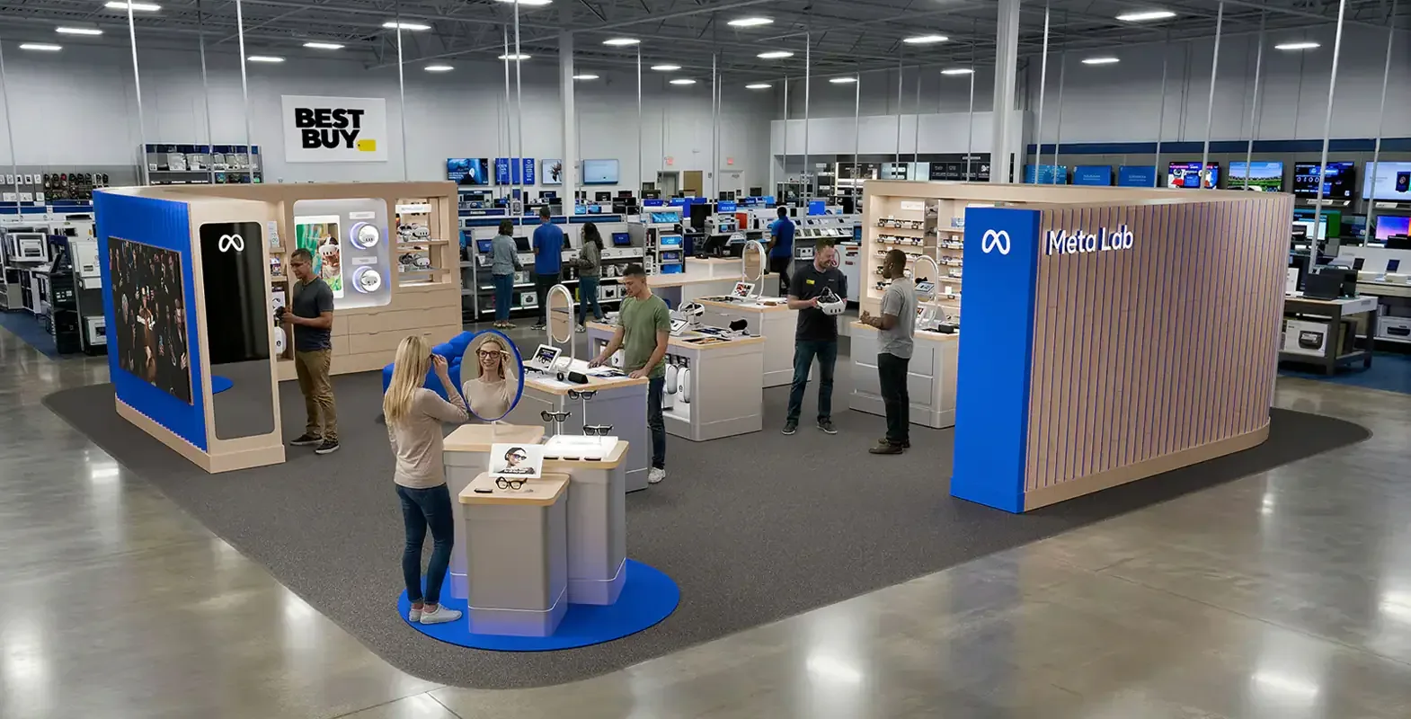 A Meta Quest VR headset being demonstrated at a Meta Lab @ Best Buy display