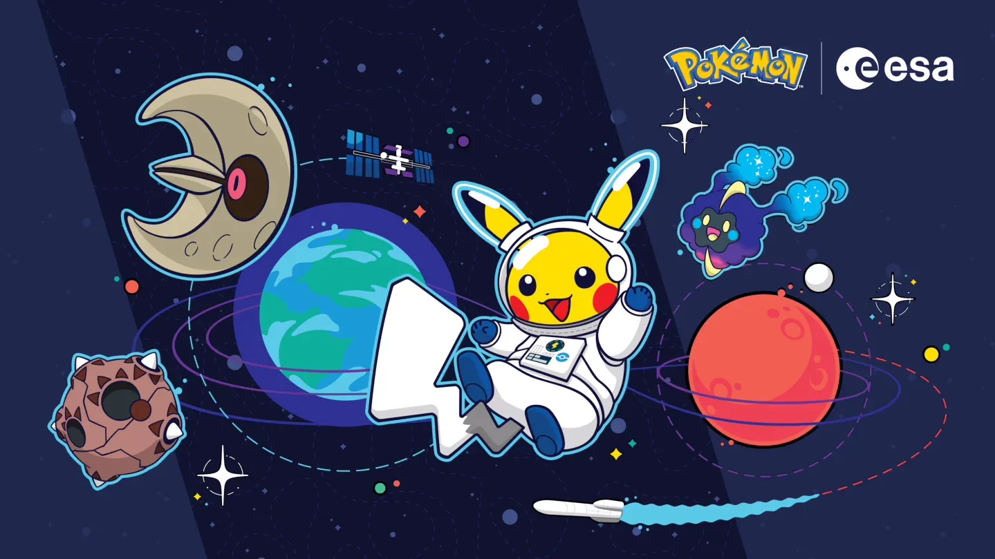 Pikachu plush in a European Space Agency astronaut outfit