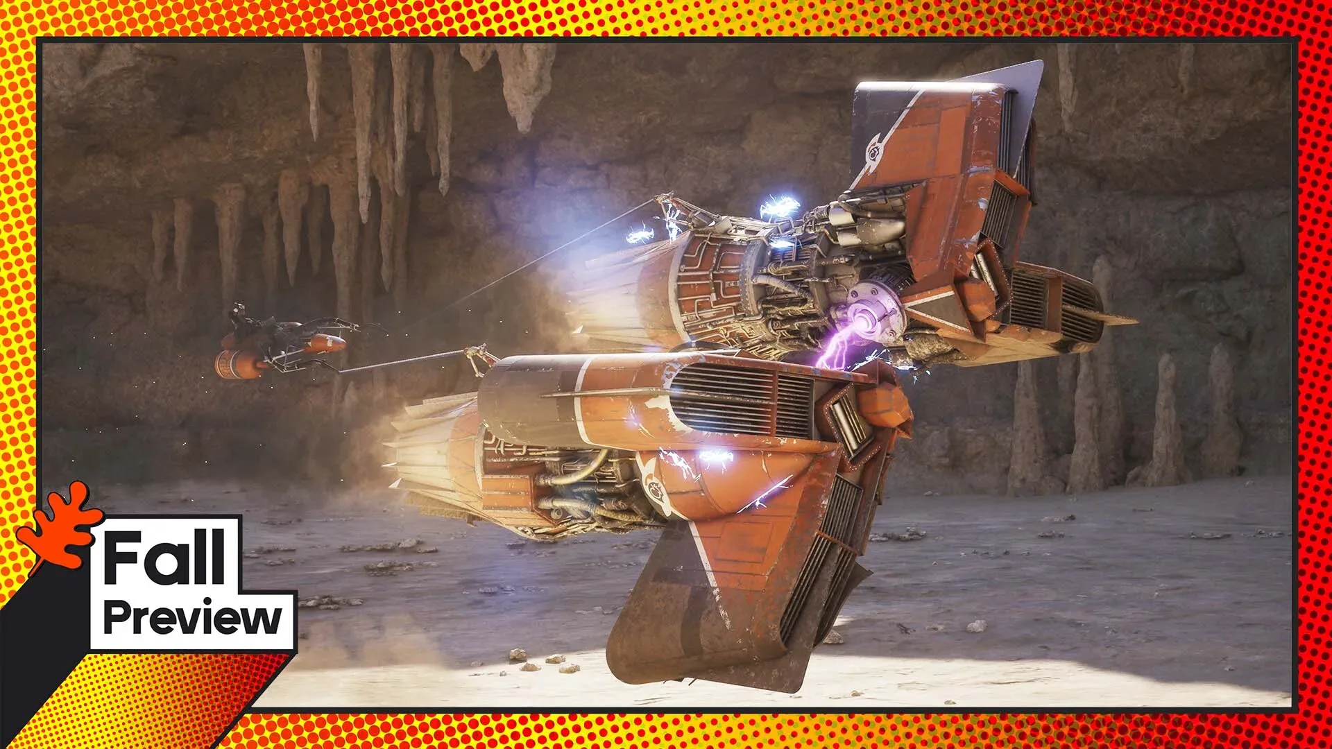 A Star Wars podracer speeding through a desert racing course