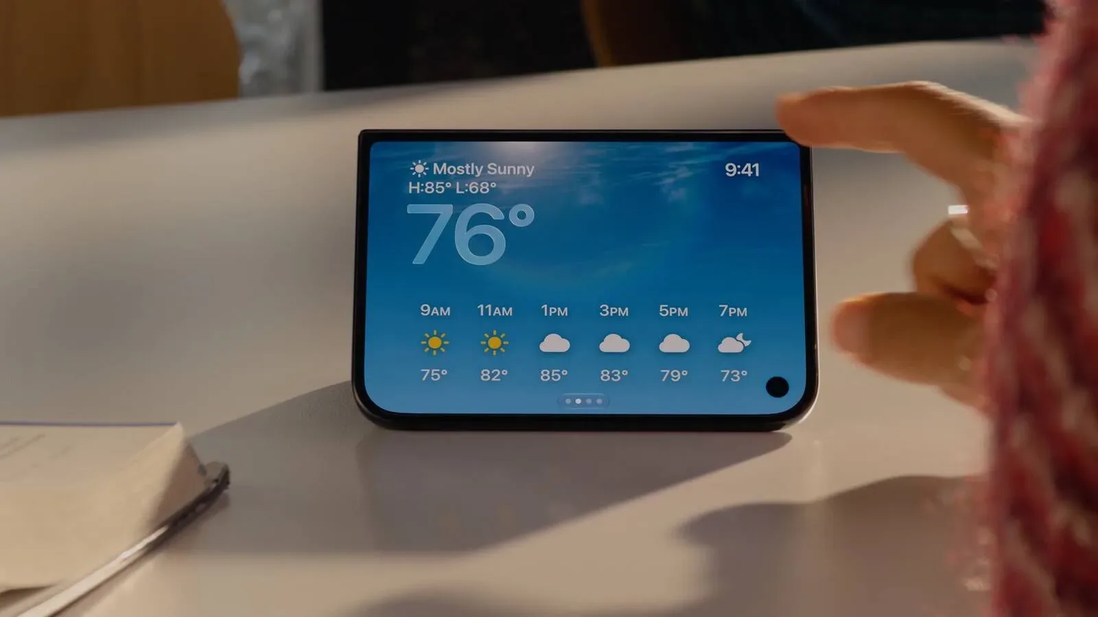 Apple iPhone Duo shown partially folded with its matte nano-texture display visible