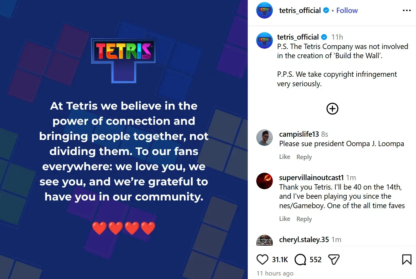 Tetris Company statement distancing the brand from Build the Wall